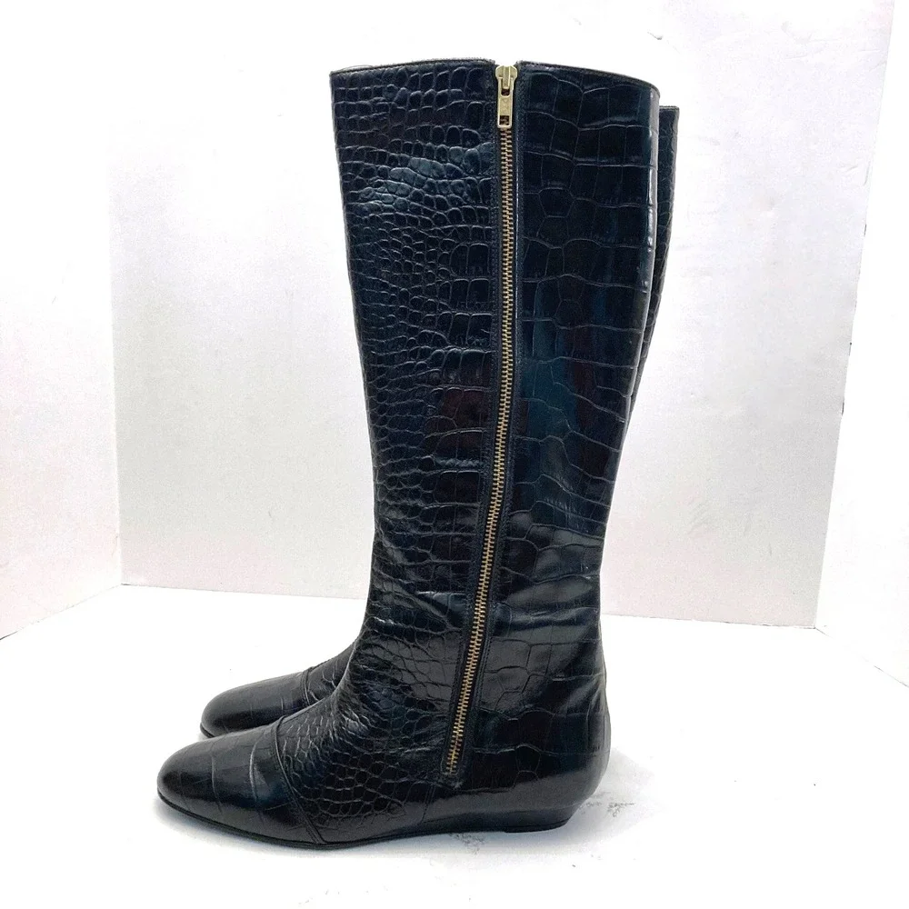 Migliorini Italian‎ Leather Boots Tall Croc Embossed Black Leather Womens 7.5 M